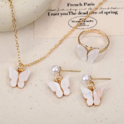 Conjuntos de Joias de Borboleta com Cristal Acrílico Romântico Pulseira Anel Colar Brinco Conjunto para Mulheres Acessórios de Vestido de Jantar de Casamento