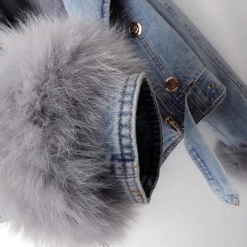 New Winter Denim Jacket Women Fashion Overcoat Faux Fox Fur Collar Jean Coat Female Short Warm Parkas Rabbit Hair Lining Outwear