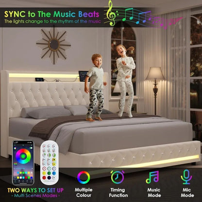 Luxurious Velvet Queen LED Bed Frame with Built-in Charging Station and 4 Storage Drawers, Enhanced with Handcrafted Crystals