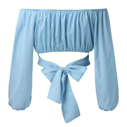 Women Sexy Off Shoulder Long Sleeve Top Self Tie Knot Crop Top Blouse Solid Color WoMen's Blouses Y2k Female Summer Shirts ????