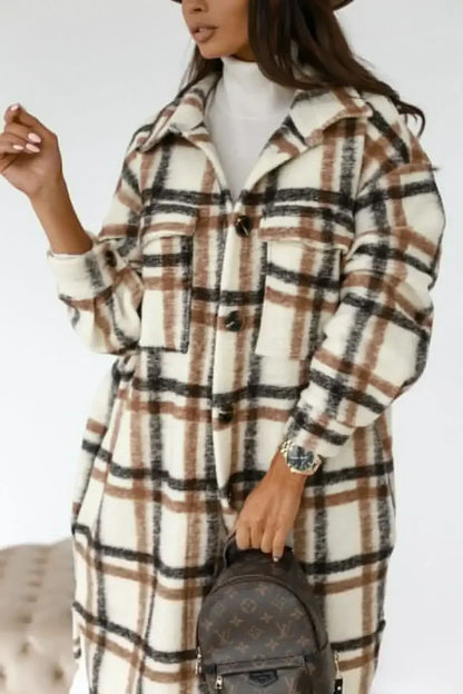 Single Breasted Trench Coat Fashion Long Autumn Winter Women's Clothing Long Sleeve Woolen Plaid Overcoat Coat