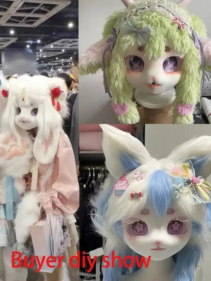 QQ Beast Head Skull Mask Cosplay Animal Kigurumi Base Skull Mask, Animal Cat Head for Cosplay Fursuit, Halloween Costume Prop An