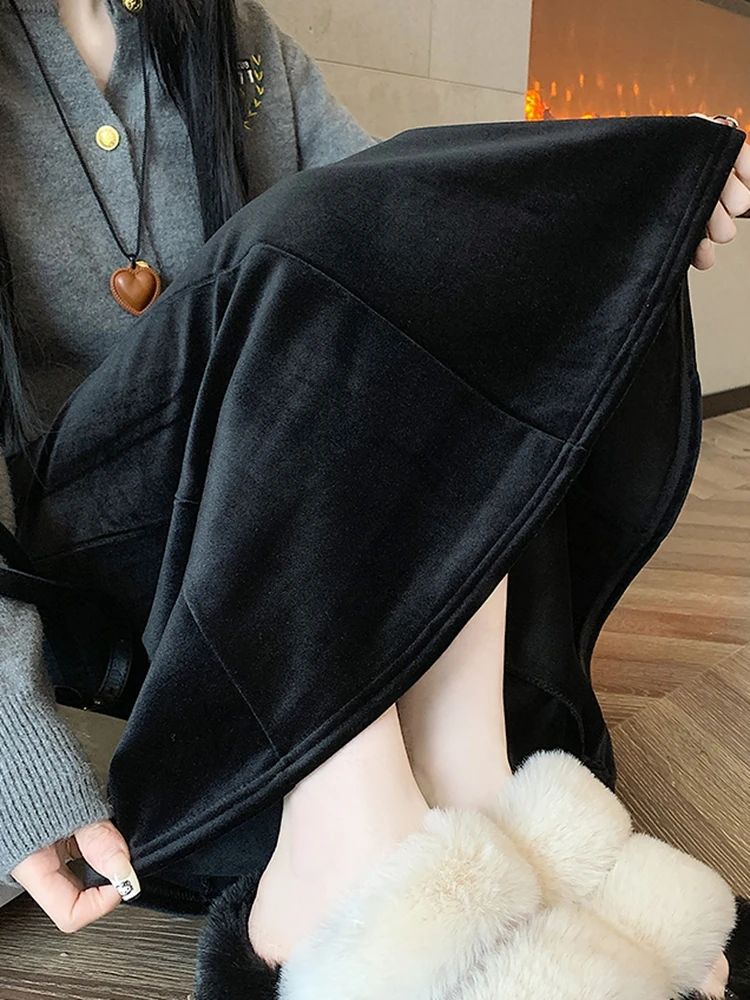 Elastic Velvet Long Black Skirts Women 2025 Casual Korean Fashion Y2k Clothes Mid Length Elegant High Waist Harajuku Maxi Skirt