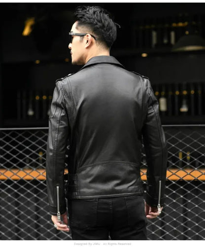Spring Autumn Short Cool Black Leather Biker Jacket Men Zipper Long Sleeve Belt Plus Size European Fashion brand leather jackets