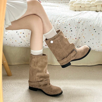 Vintage Thick Heel Women Western Cowboy Boots Fashion Belt Buckle Slip On Shoes Ladies Pleated Short Booties Autumn Winter
