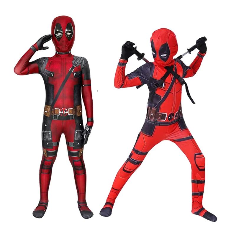 Adult Kids Deadpool Cosplay Costume Bodysuit Outfits Superhero Jumpsuit Boys Movie Character Dress Up Mask Costumes With Swords