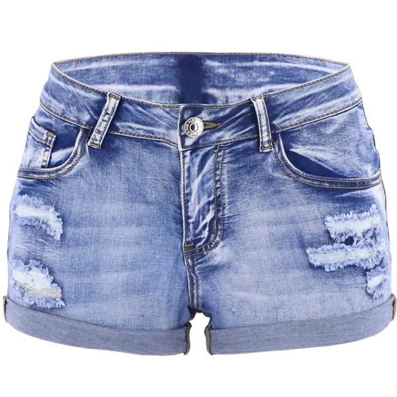 Women's Split Denim Shorts Summer Beach Wild Fashion Sexy Mid Waist Curled Cuff Perforated Elastic Slim Fit Casual Shorts