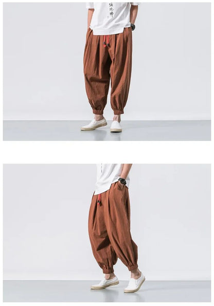 New Trendy Men Harem Pants Loose Oversized Style Cotton and Linen High Quality Jogger Sweatpants Casual Male Trousers