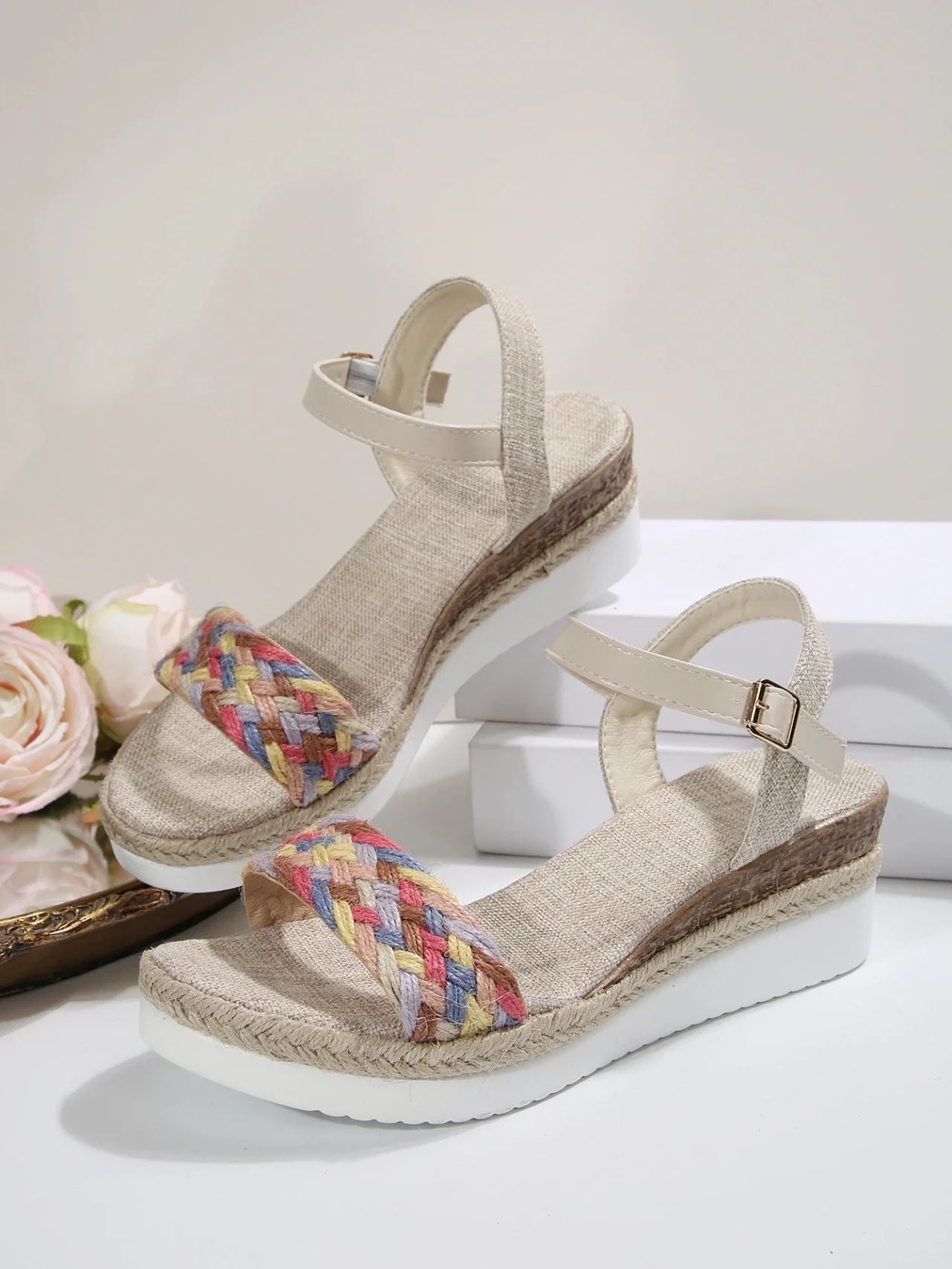 Summer Women's High Heel Sandals Heel Large Size Colorful Braided Rope Sandalias De Mujer Outdoor Versatile Zapatillas De Mujer