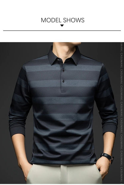 BROWON Elegant Mens Polo Shirts 2025 Spring Autumn Long Sleeve Lapel Collar Big Striped Pattern T-shirt Male New in Tops & Tees