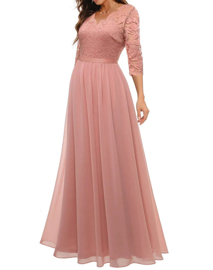 New 6-Color 5-Size Lace Splicing Long Waist-Cinching Elegant Dress Floor-Length V-Neck Polyester Fiber Evening Gown Dress
