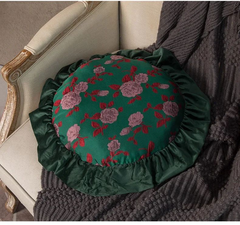 Removable Washable American Light Luxury Sofa Flower Pillow Homestay Round Cushion Retro Ruffle Edge Red Pillow  Throw Pillows