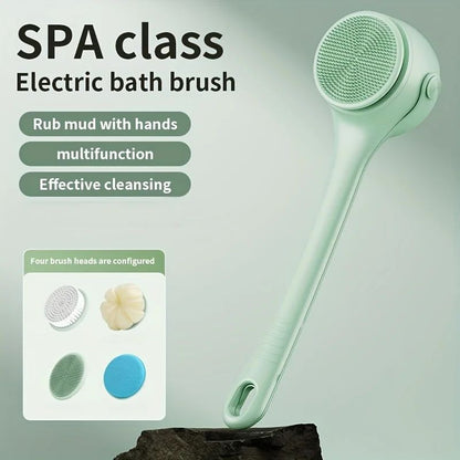 Escova de banho elétrica USB de silicone com cabo longo, escova de limpeza corporal giratória elétrica para o corpo com 4 cabeças de escova, sucesso de vendas