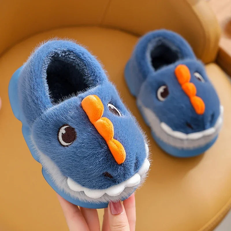 Cute Cartoon Dinosaur Children Plush Slippers Soft Sole Non-slip Winter Warm Baby Boys Girls Indoor Home Heel Wrap Cotton Shoes