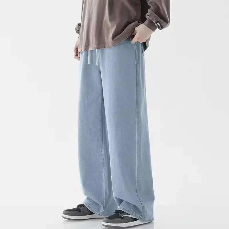 2025 Calça Jeans Masculina Coreana Casual Longa Reta Perna Larga Denim Cor Sólida Azul Claro Cinza Preto
