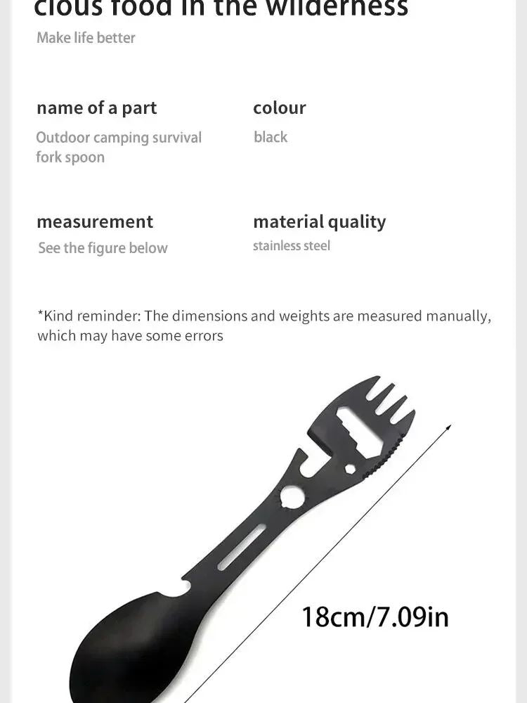 Outdoor Multi-functional 5-in-1 EDC Camping Survival Tool Stainless Steel Fork Knife Spoon Can Opener Bottle Opener Wrench