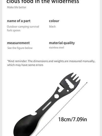 Outdoor Multi-functional 5-in-1 EDC Camping Survival Tool Stainless Steel Fork Knife Spoon Can Opener Bottle Opener Wrench