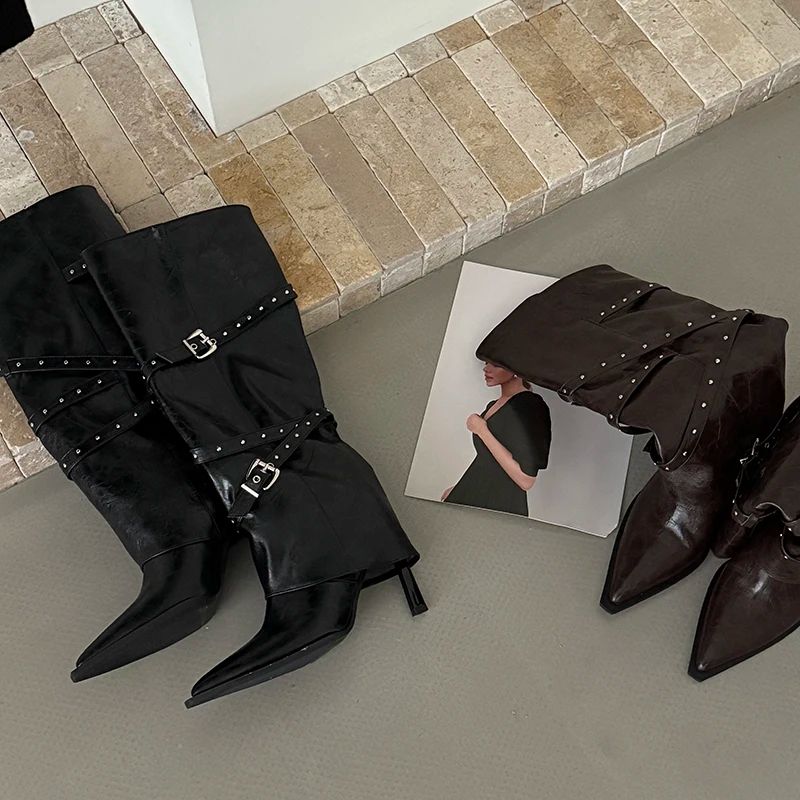 Night Club Pointed Toe Long Boots For Women High Heels Autumn Winter Shoes Ladies Belt Buckle Botas Mujes