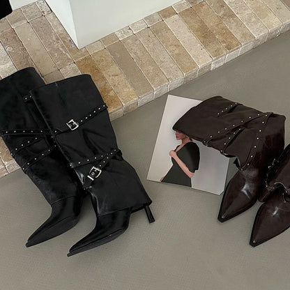 Night Club Pointed Toe Long Boots For Women High Heels Autumn Winter Shoes Ladies Belt Buckle Botas Mujes