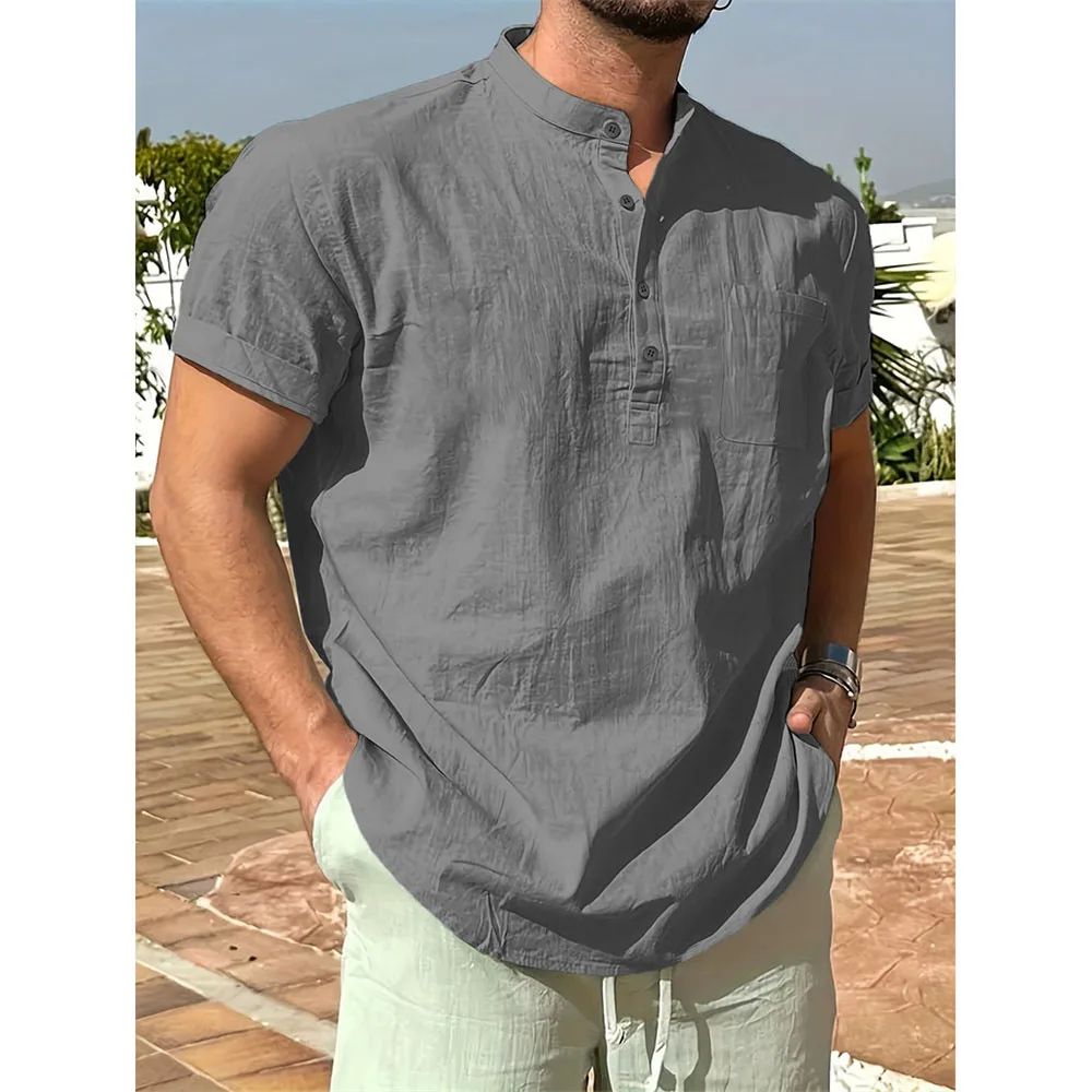 Summer Hot Sale Men's Cotton Linen T-shirt Henley Neck Casual Breathable Lightweight Solid Color Pocket Fashion Button Tops