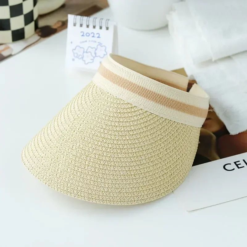 2025 New Summer Outdoor Visor Cap Casual Shade Hat Straw Wide Empty Top Sun Hat Anti Uv Female Large Brim Beach Sunhat Lady