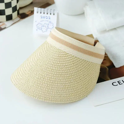2025 New Summer Outdoor Visor Cap Casual Shade Hat Straw Wide Empty Top Sun Hat Anti Uv Female Large Brim Beach Sunhat Lady
