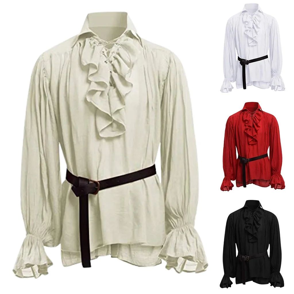 Medieval Men's Retro Performance Shirt with Belt And Puffy Sleeves Cross-Border New Style Male Fashion Historical Costume
