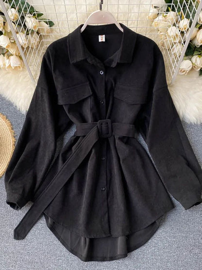 Women Spring Autumn Shirts Retro Cargo Style Pockets Long-Sleeved Shirt Puff Sleeve Bandage Nipped Waist Tops Female PL438