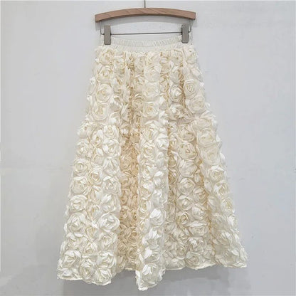 3D Flowers Women Skirts Autumn Winter Solid A-line Vintage Faldas Mujer Korean Fashion Hyperbole Elegant Long Skirt JJ1746