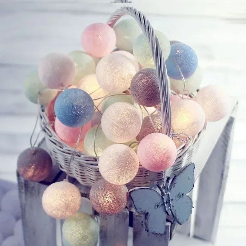 10/20LED Cotton Balls String Lights Battery Powered Fairy Garland Lighting Strings Holiday Wedding Party Decoration Birthday