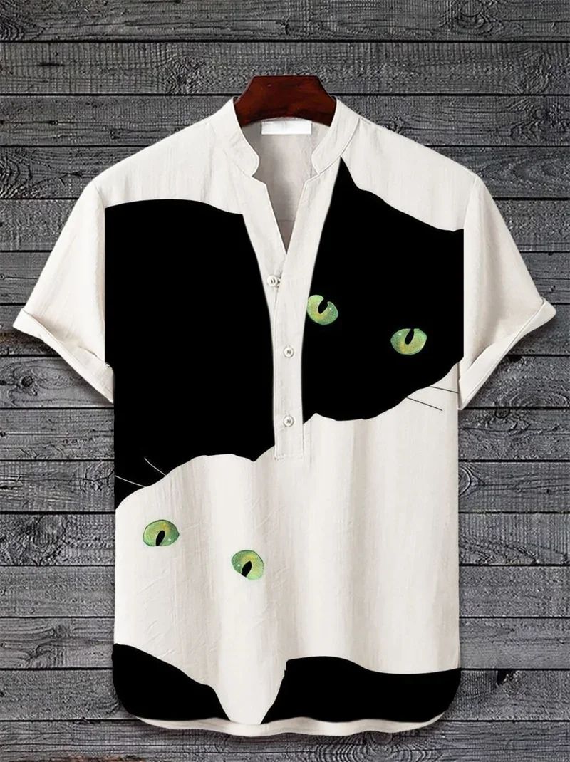 Henry men's casual fashion outdoor seaside men's tops shirt V-neck linen shirt 2024 new plus size