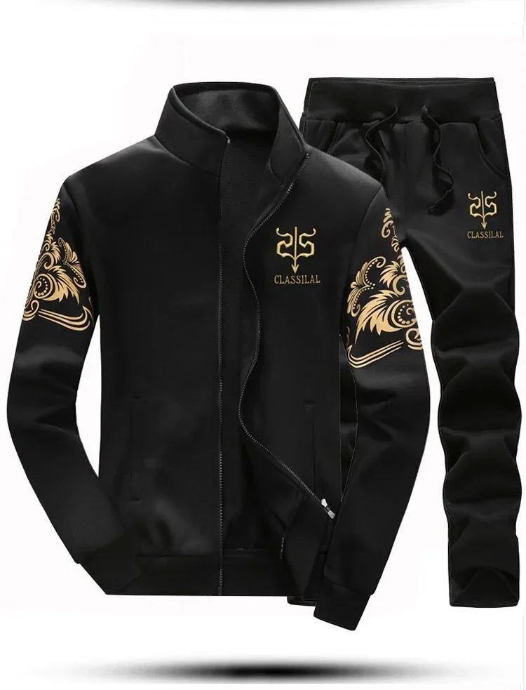 Winter Men's Sports Suit with Fleece and Warm Standing Collar Jacket+men's Drawstring Sports Pants Fashionable Printed Men's Set