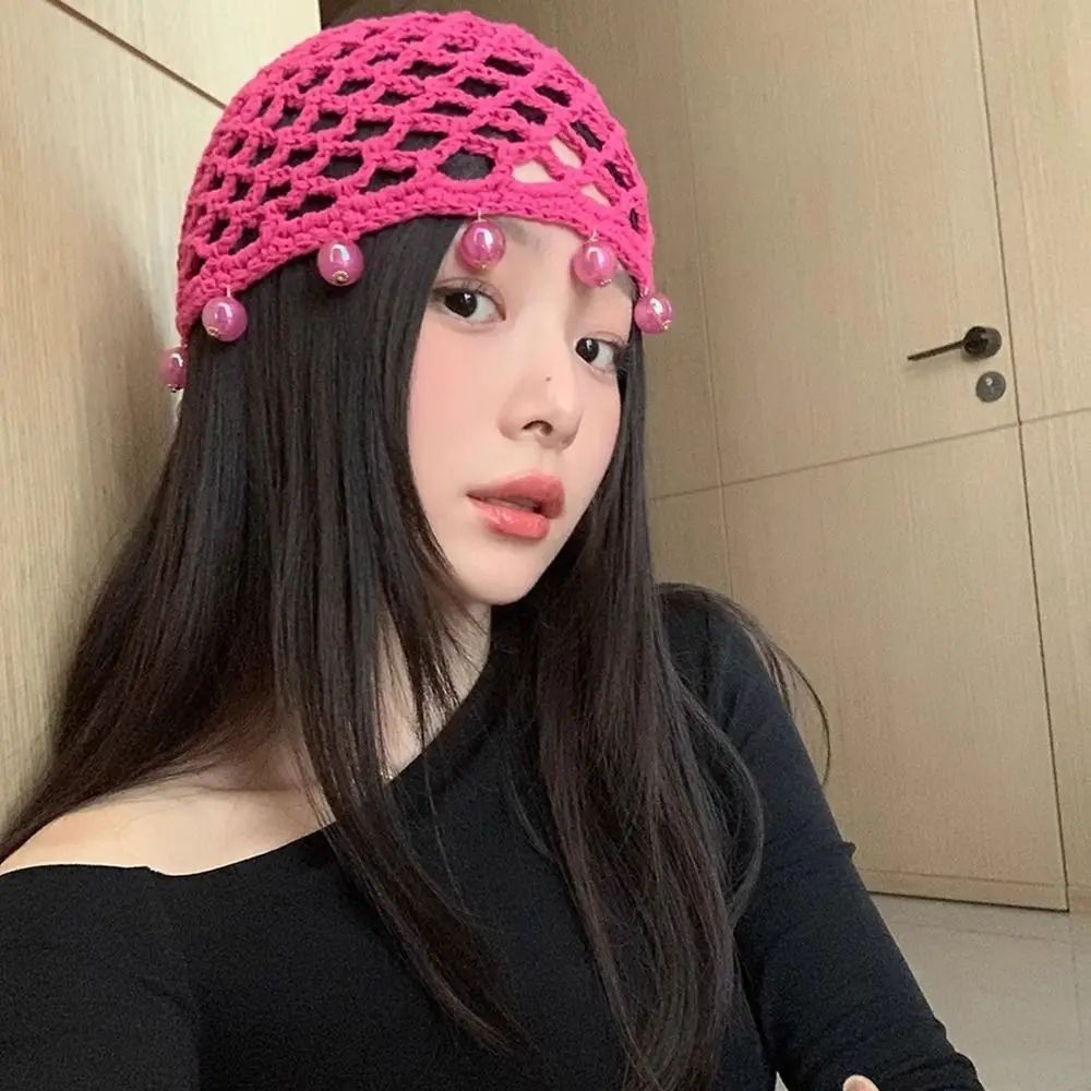 Fashion Round Beads Knitted Hat Crochet Pearl Fringed Woven for Women Travel Versatile Hollow Breathable Retro Beanies Cap