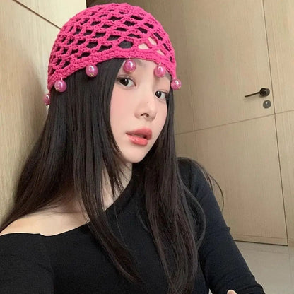 Fashion Round Beads Knitted Hat Crochet Pearl Fringed Woven for Women Travel Versatile Hollow Breathable Retro Beanies Cap