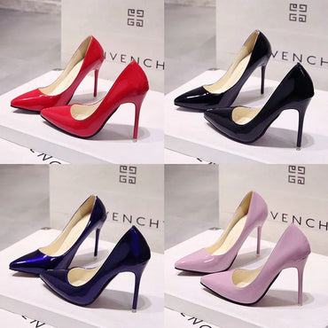 Novos scarpins de salto alto femininos de cor sólida, sapatos de moda femininos de couro envernizado, salto fino e bico fino, sapatos de casamento, tamanho 44