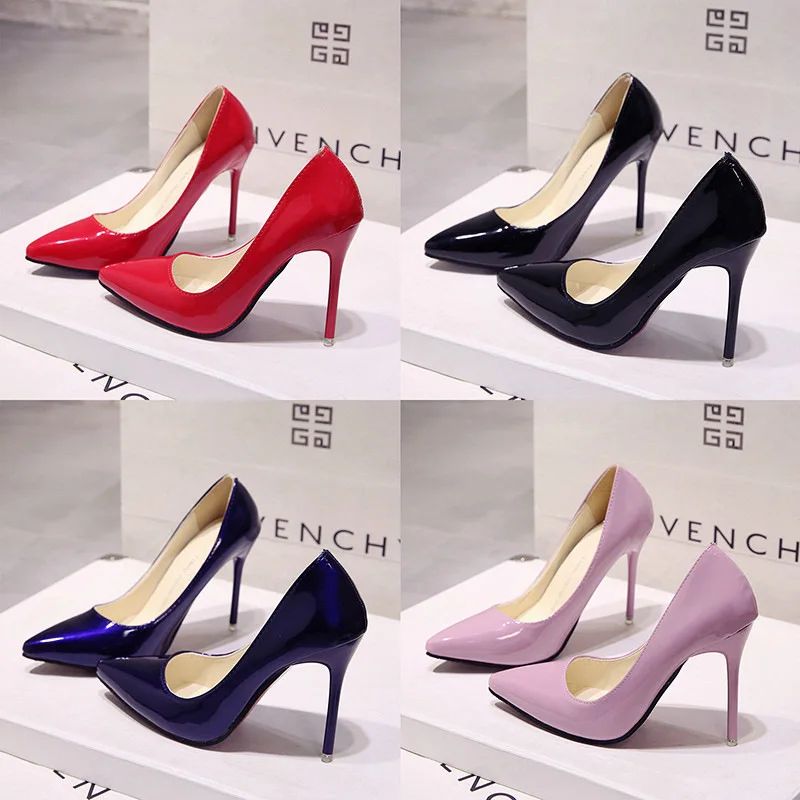 Novos scarpins de salto alto femininos de cor sólida, sapatos de moda femininos de couro envernizado, salto fino e bico fino, sapatos de casamento, tamanho 44