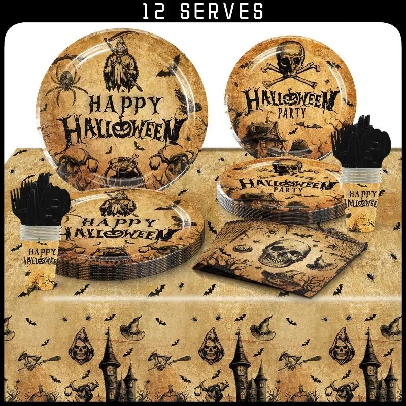 Conjunto de Louça de Festa de Halloween Pratos Festivos Guardanapos Toalha de Mesa Louça Descartável para 10/12 Convidados Decoração de Halloween