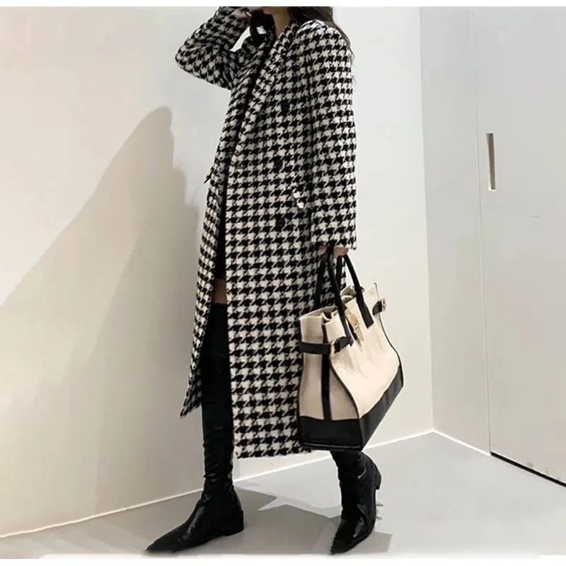 Women Autumn Winter Woolen Coat 2025 New Women Double Breasted Coat Korean Houndstooth Mid-Length Woolen Coat Lady Winter Jacket