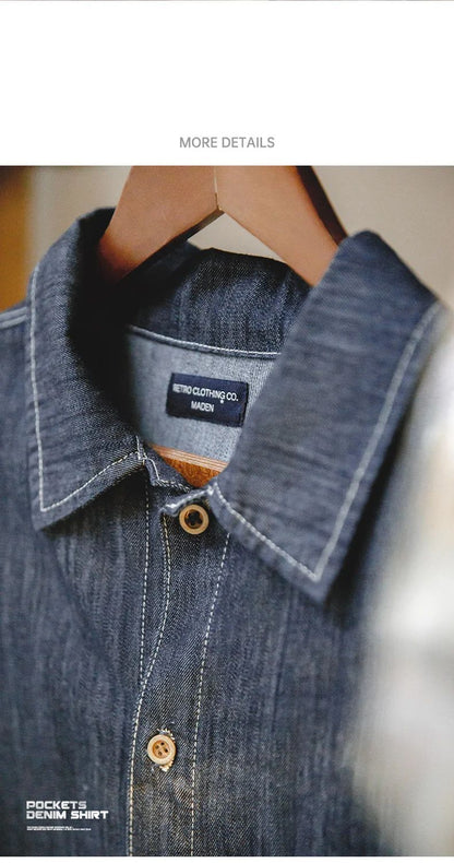 Maden Vintage Washed Pockets Denim Shirt for Men Casual Button Down Long Sleeve Shirt Male Loose Workwear Tops Large Pocket
