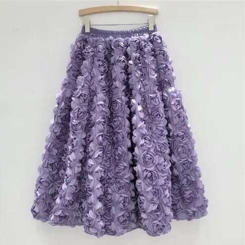 3D Flowers Women Skirts Autumn Winter Solid A-line Vintage Faldas Mujer Korean Fashion Hyperbole Elegant Long Skirt JJ1746