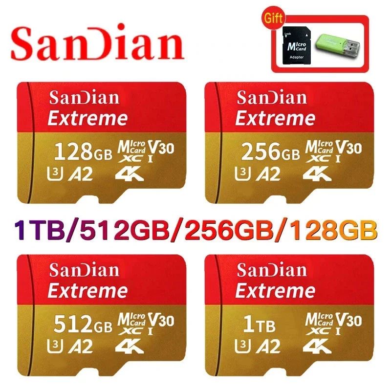 Cartão Micro TF/SD de alta velocidade de 2 TB Cartões de 512 GB 1 TB Cartão de memória Classe 10 à prova d'água Cartões SD de memória de grande capacidade para tablet PC
