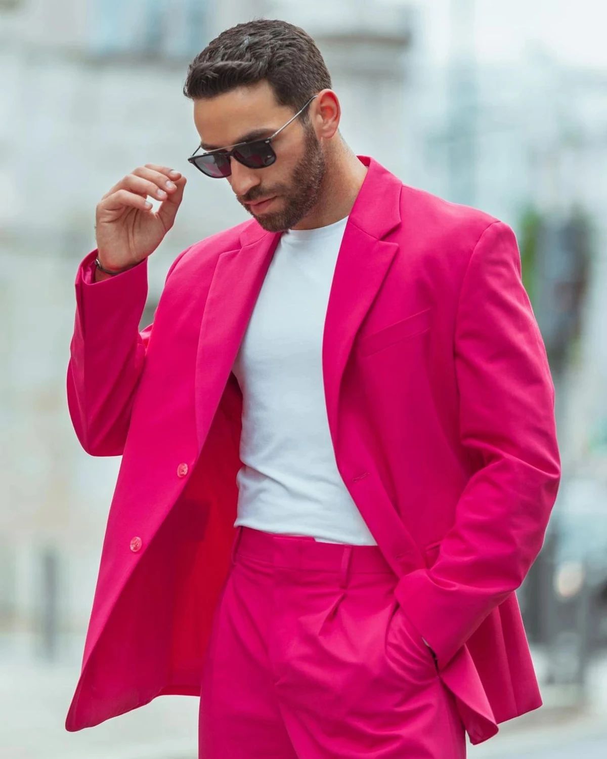 Street Wear Fuchsia Men Suits 2 Pieces Groom Party Wedding Peaked Lapel Terno Masculino Tuxedos Costume Homme Male Blazer Sets