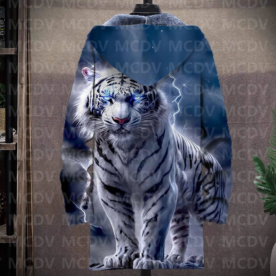 Men's Retro Print Plush Thick Long-Sleeved Coat Cardigan Tiger 3D Prined Fleece Hooded Overcoat Unisex Thick Warm Jacket