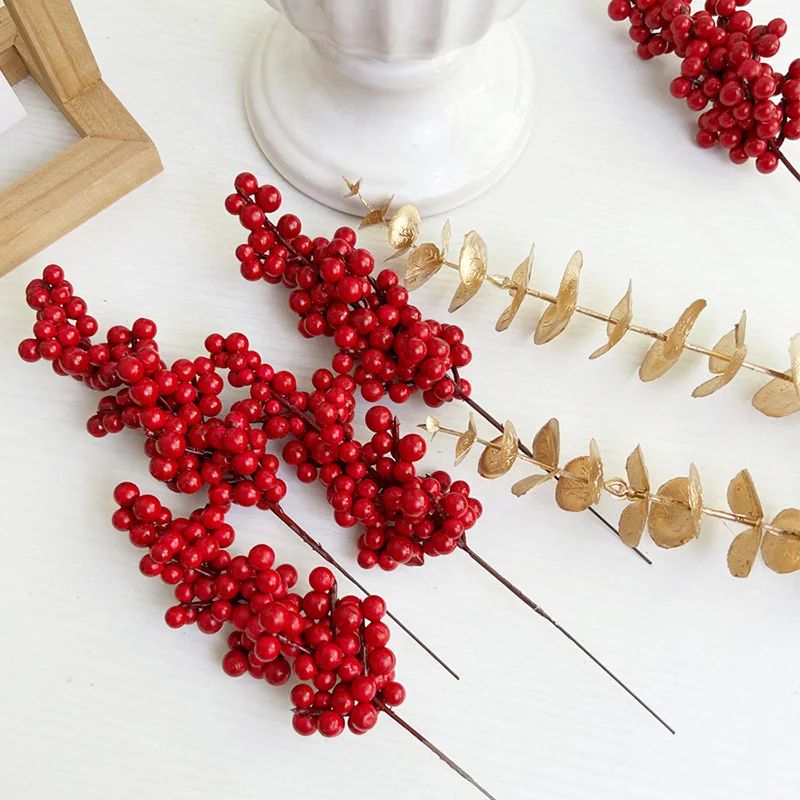 10pcs Artificial Berries Christmas Decoration Flowers Red Berry Branches Xmas Tree Party Home Table Ornament Red Wreath DIY