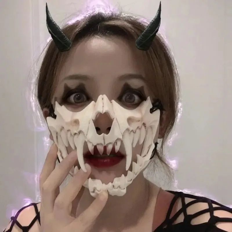 Party Skull Mask Long Teeth Demon Skeleton Half Face Mask Wolf Dragon Tiger Houjuu Nue Mask Cosplay Halloween Costume Props
