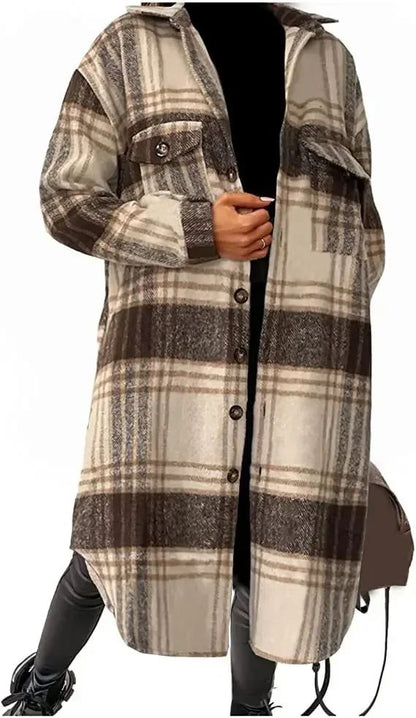 Single Breasted Trench Coat Fashion Long Autumn Winter Women's Clothing Long Sleeve Woolen Plaid Overcoat Coat