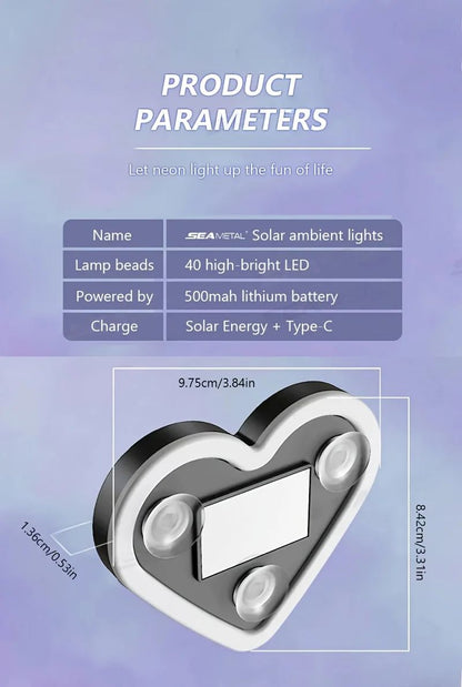 Luzes de Neon LED Solares para Janela de Carro - Luz de Atmosfera Interna em Formato de Coração RGB Sem Fio com Cores Mutáveis