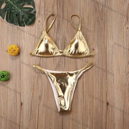 Women Sexy Thong Bikini Set Silver Gold Sequinis Biquini Swimwear 2025 Summer Push Up Padded Bra Bathing Suit Beach Wear