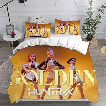 K-Pop Bedding Set Demon Hunters Themed Pink Print Polyester Student Dormitory Bed Sheet Duvet Cover Kid Gift Home Textile