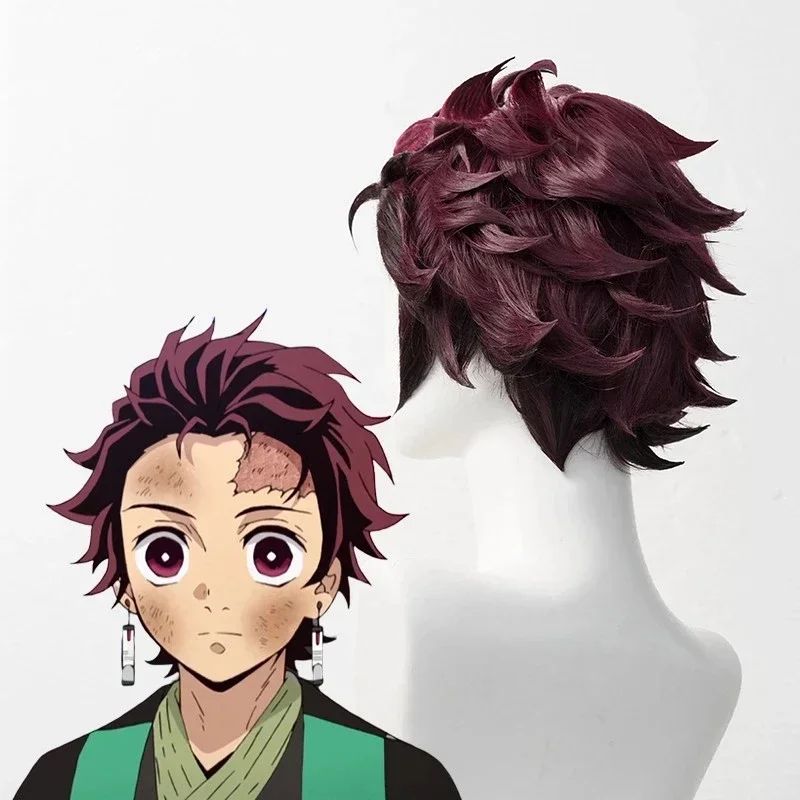 Anime Demon Moordenaar Kimetsu No Yaiba Tanjiro Kamado Cosplay Synthetic Wigs Korte Kastanjebruine Hittebestendige Haarpruiken